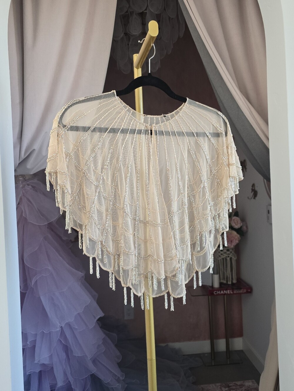 Sheer Beaded Capelet in Cream - Elegant Layered Accent